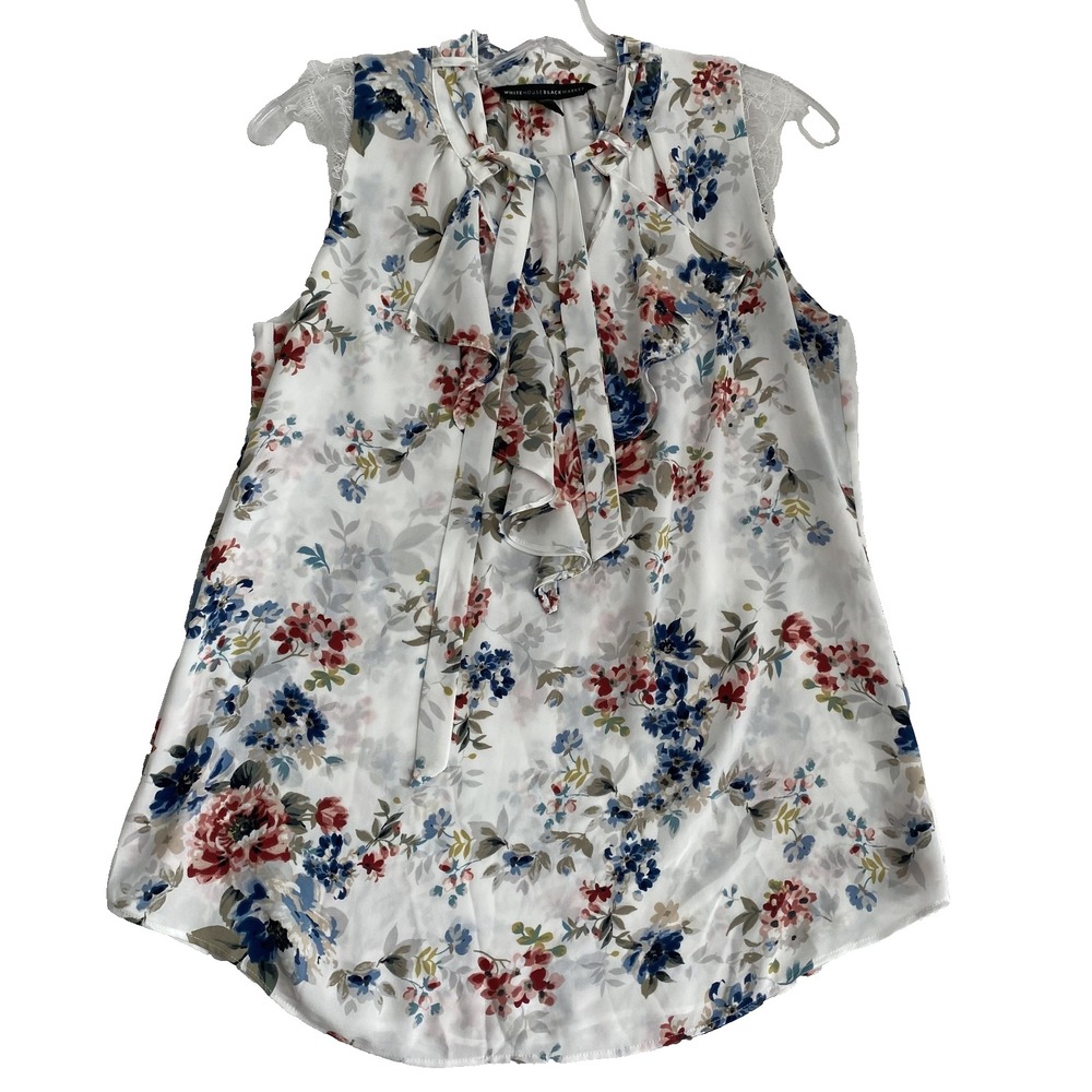 2/$30 WhiteHouseBlackMarket Blouse Sz S‎ White Floral Sleeveless Dressy Neck Tie - Picture 2 of 13